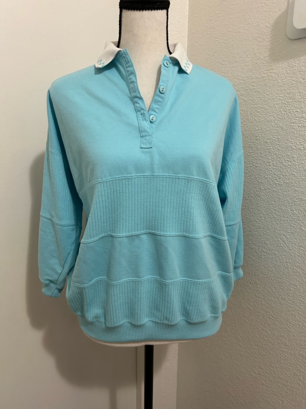 Vintage 90s Blast Petite Small Ribbed Panel Polo Sweatshirt Light Blue Pastel